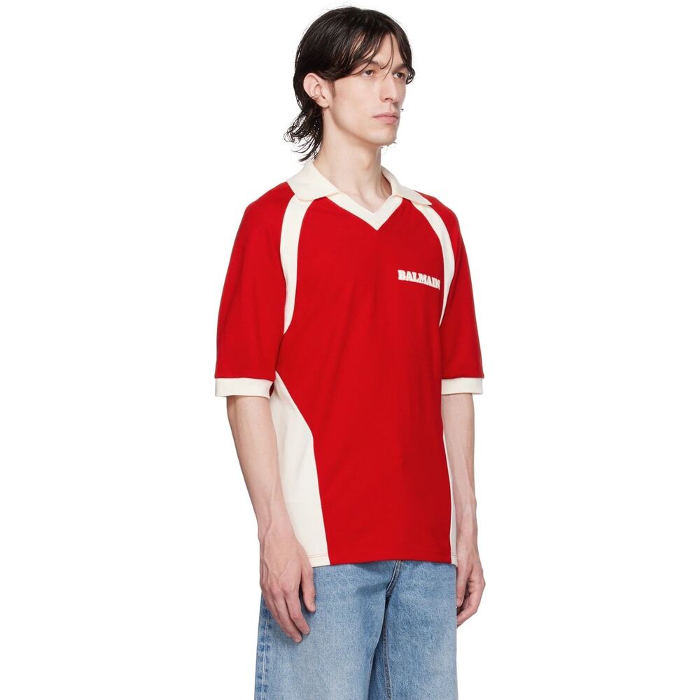 Balmain Men's Red & Off White Polo Shirt Size M New with Tags BH1GB055BC48